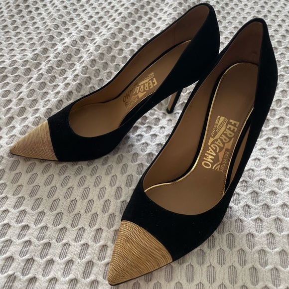 Salvatore Ferragamo Shoes - Salvatore Ferragamo Black Suede + Gold Chain Cap Tip Stilettos - 6.5